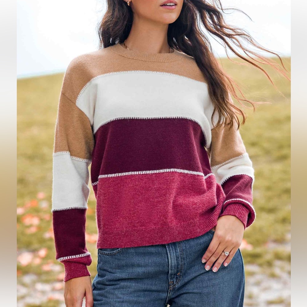 Cupshe Women's Colorblock Sweater in Cream, Tan, and Red